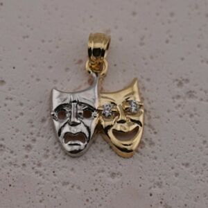 14k Solid Yellow Gold Comedy & Tragedy Pendant | Theatrical Artistry Charm |